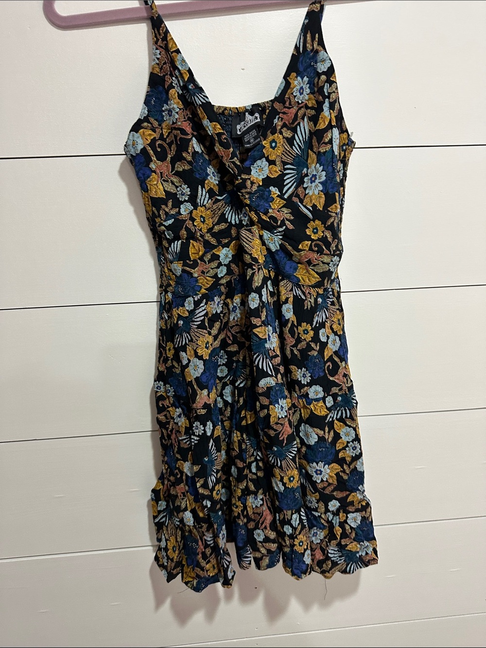 Angie Black Floral Mini Dress with Blue & Mustard Blooms size medium